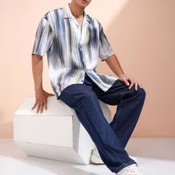 HIGHLANDER Men Muicolor Popcorn Textured Printed Cuban Collar Oversized Shirt-image-6