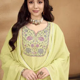 Anouk Lime Green Embroidered Thread Work Pure Cotton Kurta with Trouser & Dupatta-10