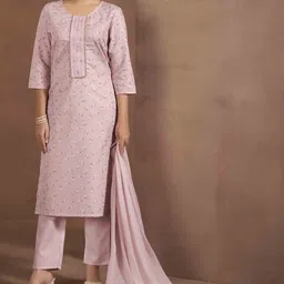Anouk Floral Printed Thread Work Round Neck Straight Kurta With Trousers And Dupatta-image-8