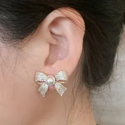 CelestiqueCZ Studded & Pearls Beaded Bow Contemporary Shaped Studs-37