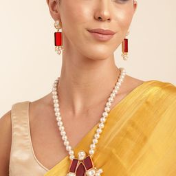 Anouk Gold Plated Mother of Pearl & Quartz Studded Premium Long Neckalce & Earring Set-32