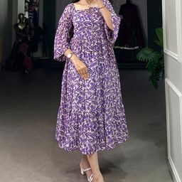SHINISHA Women Floral Print Gathered or Pleated Georgette Fit & Flare Midi Dress-image-68