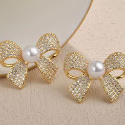 DIVASTRI Gold Plated Artificial Stones Studded & Pearls Beaded Quirky Korean Studs image 2