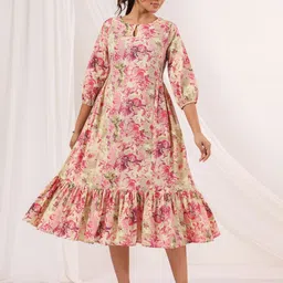 Janasya Women Floral Printed Pure Cotton A-line Dress-image-33