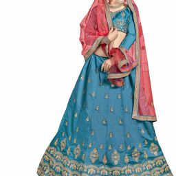 MANVAA Blue & Red Embroidered Thread Work Semi-Stitched Lehenga & Unstitched Blouse With Dupatta image 2