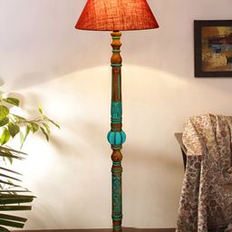Devansh Maroon & Blue Frustum Shaped Wooden Traditional Floor Lamp-13