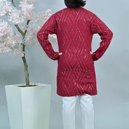 ahhaaaa Boys Geometric Embroidered Regular Sequinned Dupion Silk Kurta With Trouser image 4