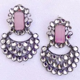 Sangria German Silver Silver Plated Kundan Studded Contemporary Chandbalis-35