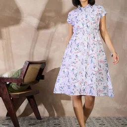 all about you Women Floral Printed Shirt Collar Fit & Flare Midi Dress-image-43