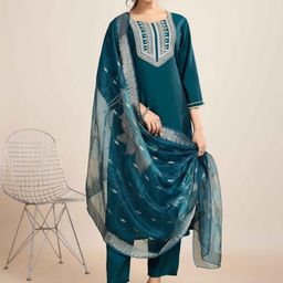 KALINI Women Teal Viscose Rayon Embroidered Kurta Sets-picture-20