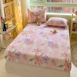 JC HOME Pink & Purple Floral Cotton 220 TC Fitted Double King Bedsheet Set-1.8 m x 2 m-image-87