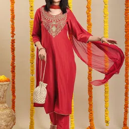 KALINI Women Embroidered Regular Kurta with Trousers & With Dupatta-picture-41