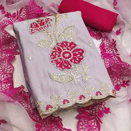 SHADOW & SAINING Foral Embroidered Sequinned Pure Silk Semi-Stitched Dress Material-image-49