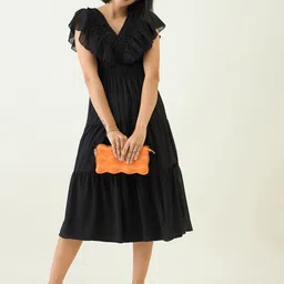 aayu Flutter Sleeve Georgette Fit & Flare Midi Dress image 4