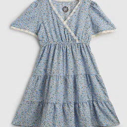 YK Girls Floral Printed Gathered or Pleated Crepe A-Line Dress-picture-2