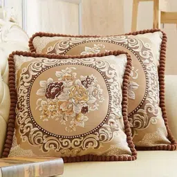 TANLOOMS Brown & Beige 2 Pieces Floral Printed Jacquard Square Cushion Covers-image-22