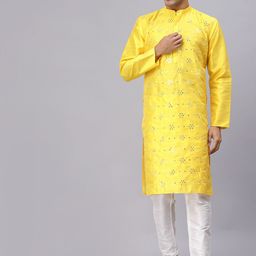 NEUDIS Men Yellow Mirror Work Straight Dupion Silk Kurta-picture-33