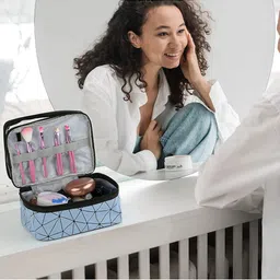 HOUSE OF QUIRK Blue & Black Printed Double Layer Travel Cosmetic Cases Make up Organizer-image-62