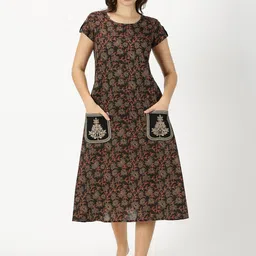 Saffron Threads Floral Print Embroidered Pure Cotton A-Line Midi Dress-image-100