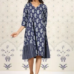 Ode by House of Pataudi Ethnic Motifs Printed V-Neck Pure Cotton A-Line Midi Ethnic Dress-image-51