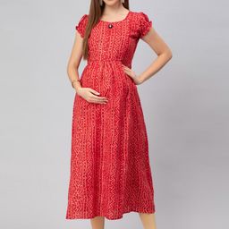 CEE-18 Geometric Printed Puff Sleeves A-Line Midi-Length Maternity Ethnic Dress-21