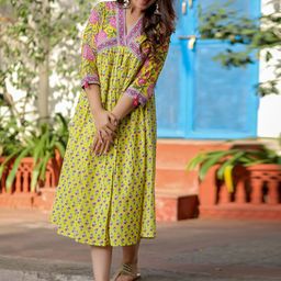 HERE&NOW Yellow Floral Printed Cotton Empire Midi Ethnic Dresses-picture-56