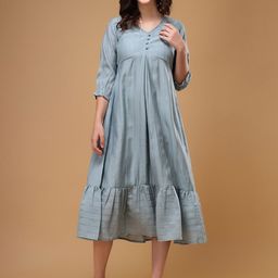 Bani Women Striped V-Neck Cotton Fit & Flare Midi Dress-image-7