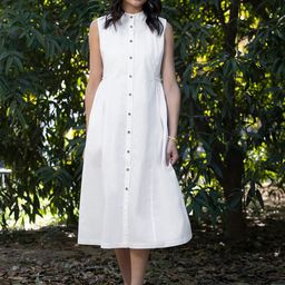Pink Fort Mandarin Collar Cotton Sleeveless Midi A-Line Dress-picture-47