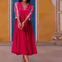 HERE&NOW Ethnic Motifs Printed Pure Cotton Empire Midi Ethnic Dress-image-27