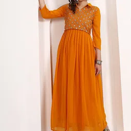 Sangria Shirt Collar Embroidered Georgette Ethnic Dresses-image-41