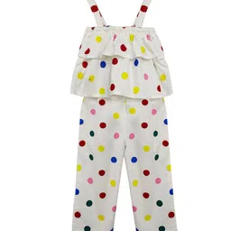 A T U N Girls Off White & Yellow Printed Basic Jumpsuit with Layered-image-40
