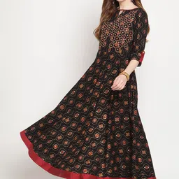 Be Indi Rayon Embroidered and Floral Printed Keyhole Neck Maxi Dress-picture-4