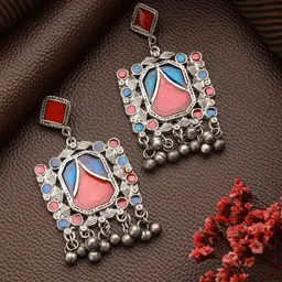 Sangria German Silver Plated Enamelled Square Shaped Oxidised Drop Earrings-6