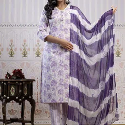 RANGREAL Women Floral Printed Pure Cotton Kurta with Trousers & With Dupatta-picture-17