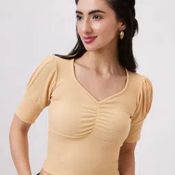 SZN Women Beige Ribbed V Neck Puff Sleeve Crop Top-picture-29