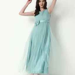 SHOWOFF Women V-Neck Net Fit & Flare Maxi Party Dress-image-95