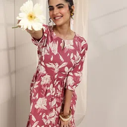 Libas Floral Print Keyhole Neck Puff Sleeve Fit & Flare Dress-image-79