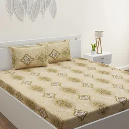 HOME AFFAIRS Tan & Brown Floral 120 TC Queen Bedsheet with 2 Pillow Covers-26