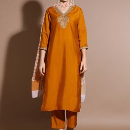 Jaipur Kurti Floral Yoke Design Straight Zari Kurta with Trousers & Dupatta-image-90
