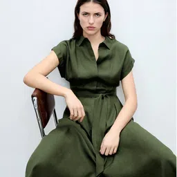 MANGO Shirt Collar Extended Sleeves Button-Down A-Line Maxi Dress with Belt-13