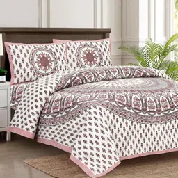 JAIPUR FABRIC Peach-Coloured Printed 140 TC Cotton King Bedsheet Set 2.54 m x 2.74 m-1
