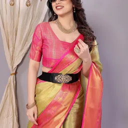 SILKWEAR Checked Zari Tissue Kanjeevaram Saree with Blouse Piece-picture-3