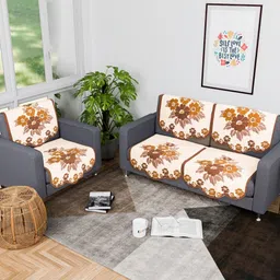 Myntra Elegant Homes Cream & Brown Floral Self Design 3 Seater Cotton Sofa Cover-image-82