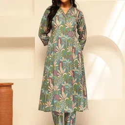Vbuyz Floral Printed Thread Work Pure Cotton A-Line Kurta with Trouser-image-78