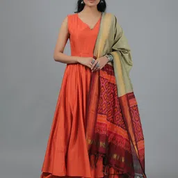 TJORI Ethnic Motifs Printed Ikat Cotton Dupatta With Zari-24