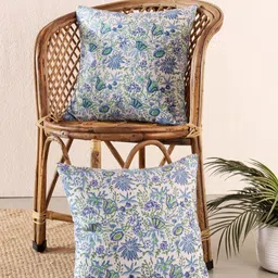 HANDICRAFT PALACE White & Blue 2 Pieces Floral Printed Square Cushion Covers-image-36