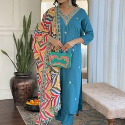 JAPNAAM Floral Embroidered V Neck Zari Straight Kurta With Trousers & Dupatta-picture-15