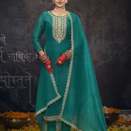 Anouk Green Floral Embroidered Zari Work Unstitched Dress Material-image-55