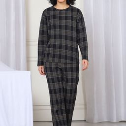 Kanvin Women Round Neck Checked Long Sleeves Night suit-image-89