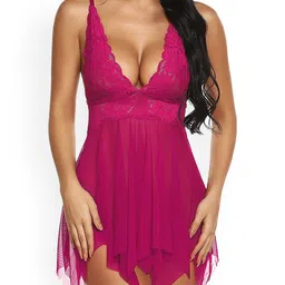 Xs and Os Net Self Designed Shoulder Straps Baby Doll Nightsuit With Briefs-89